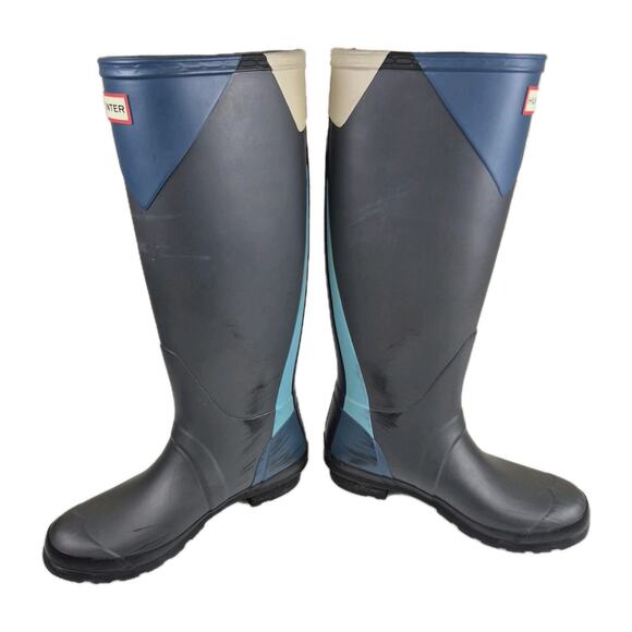 Hunter Boots 6 Navy Blue & Light Blue Matte Original Tall Rain Buckle Rubber - Picture 4 of 7